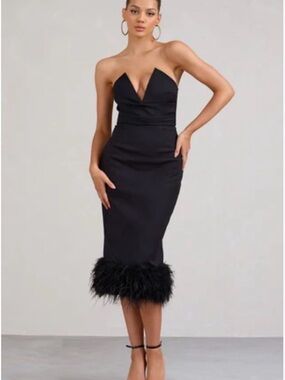 Strapless Black Feather-Hem Midi Dress